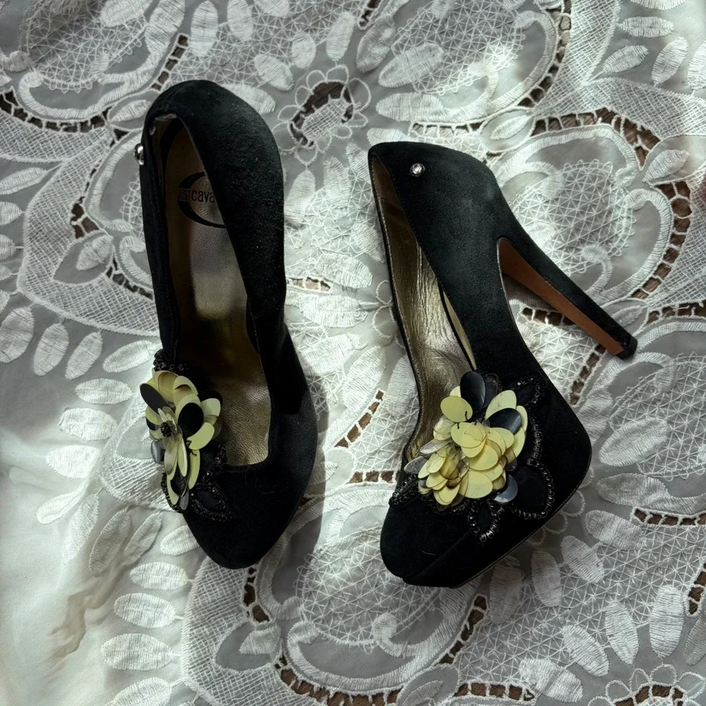 Y2K Just Cavalli Black Suede Floral Sequin Platform Pumps Heels Italy Size 35